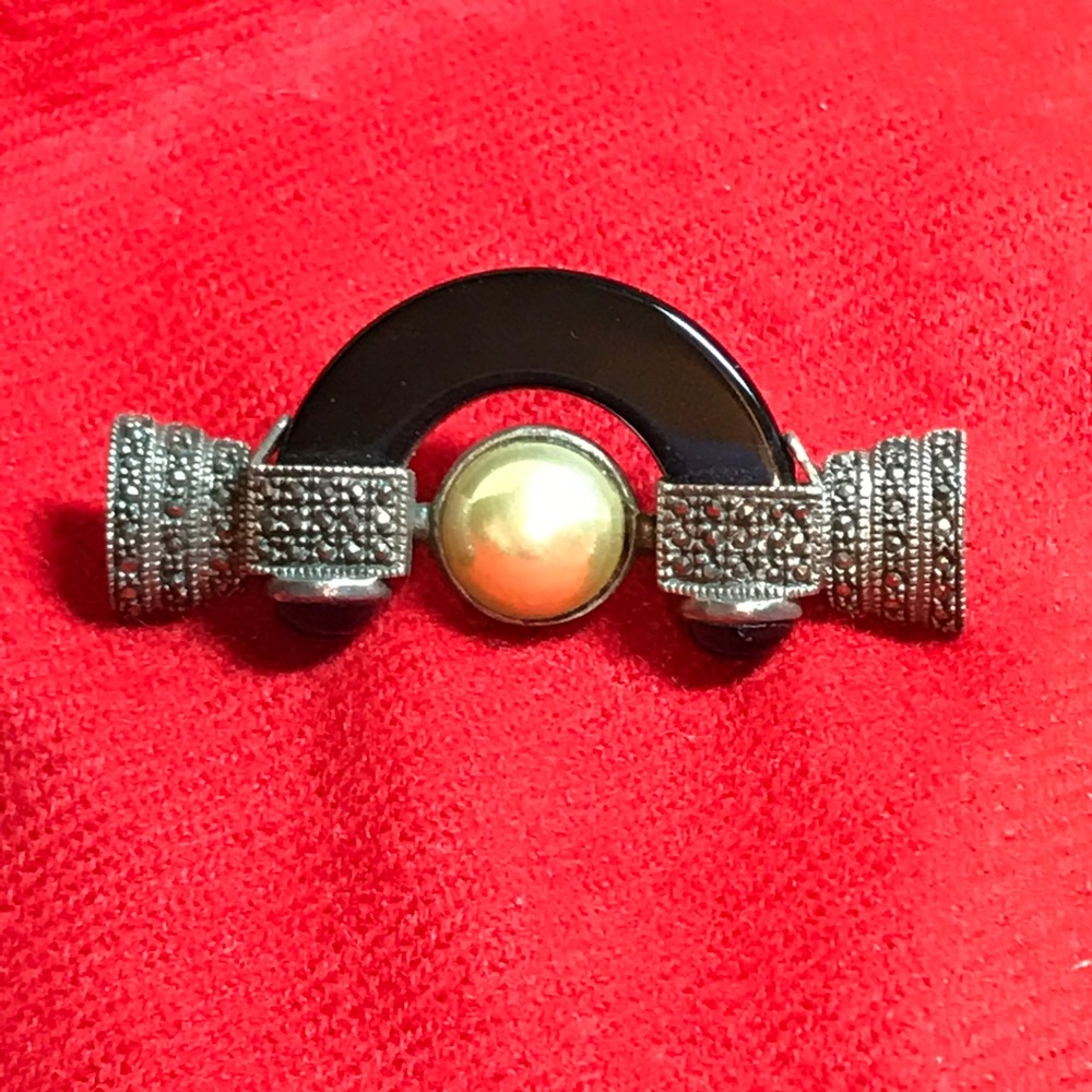 Antique Sterling Onyx and Marcasite Brooch
